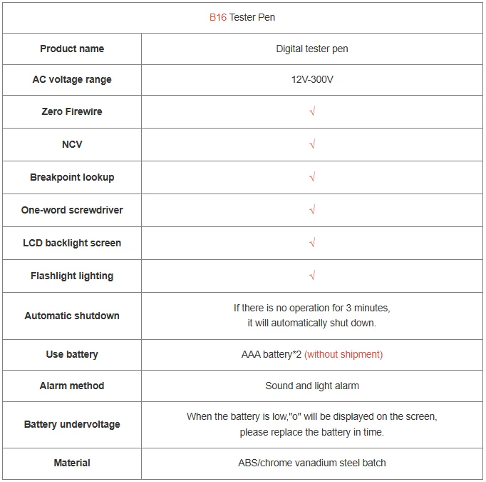 12V-300V AC Voltage Sensing Digital Tester Pen ANENG B16 Word Screwdriver Non-Contact NCV Voltage Sound and Light Alarm Detector