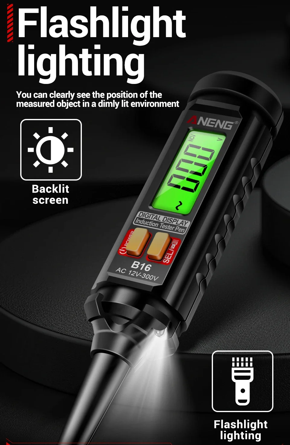12V-300V AC Voltage Sensing Digital Tester Pen ANENG B16 Word Screwdriver Non-Contact NCV Voltage Sound and Light Alarm Detector