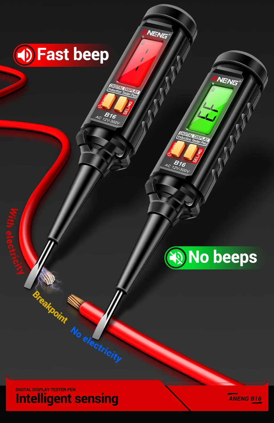 12V-300V AC Voltage Sensing Digital Tester Pen ANENG B16 Word Screwdriver Non-Contact NCV Voltage Sound and Light Alarm Detector