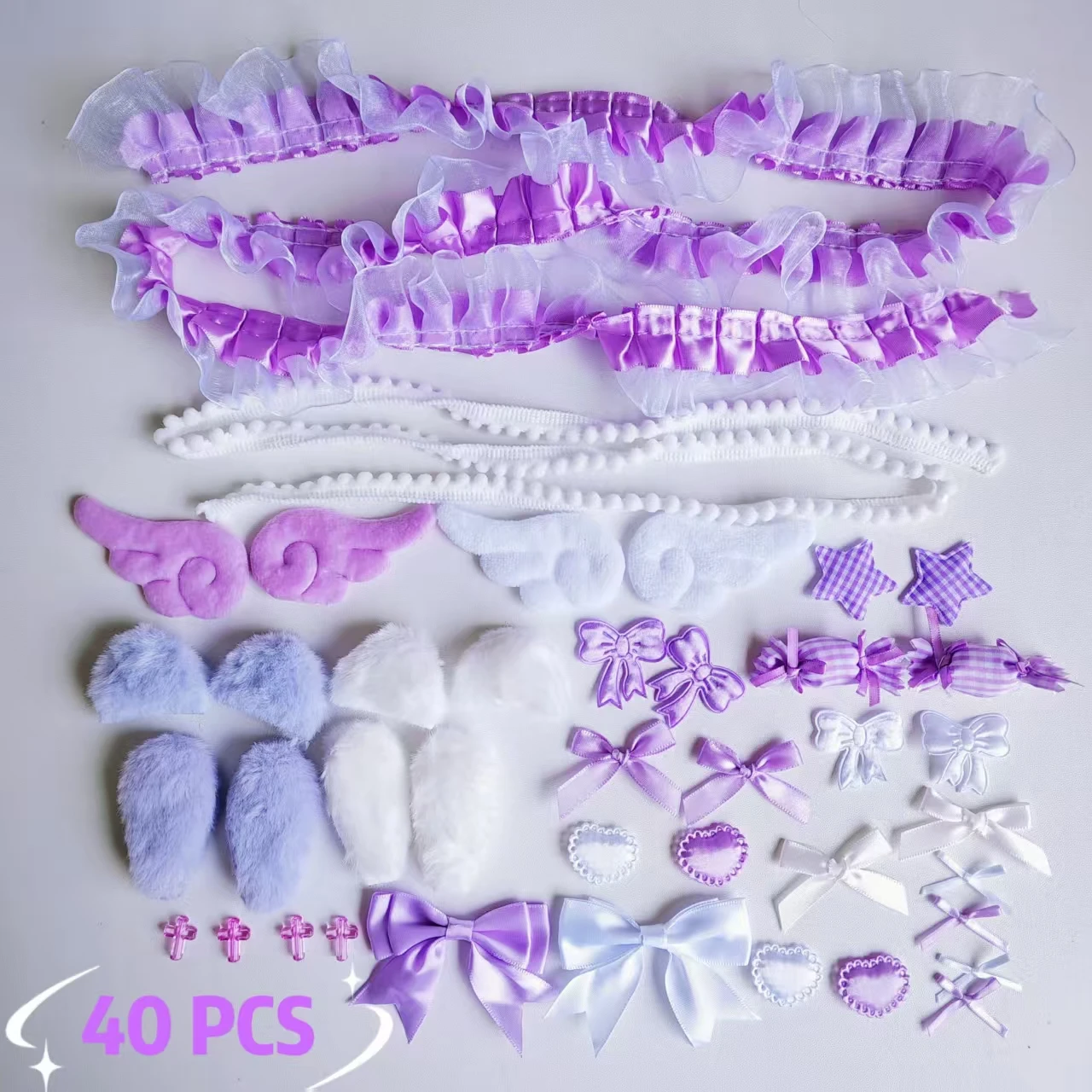40 Pieces of Lace Handmade Material Kit, Lace Plush Bunny Ears, Angel Wings Accessories, Clothing Accessories, Heart and Star Set
