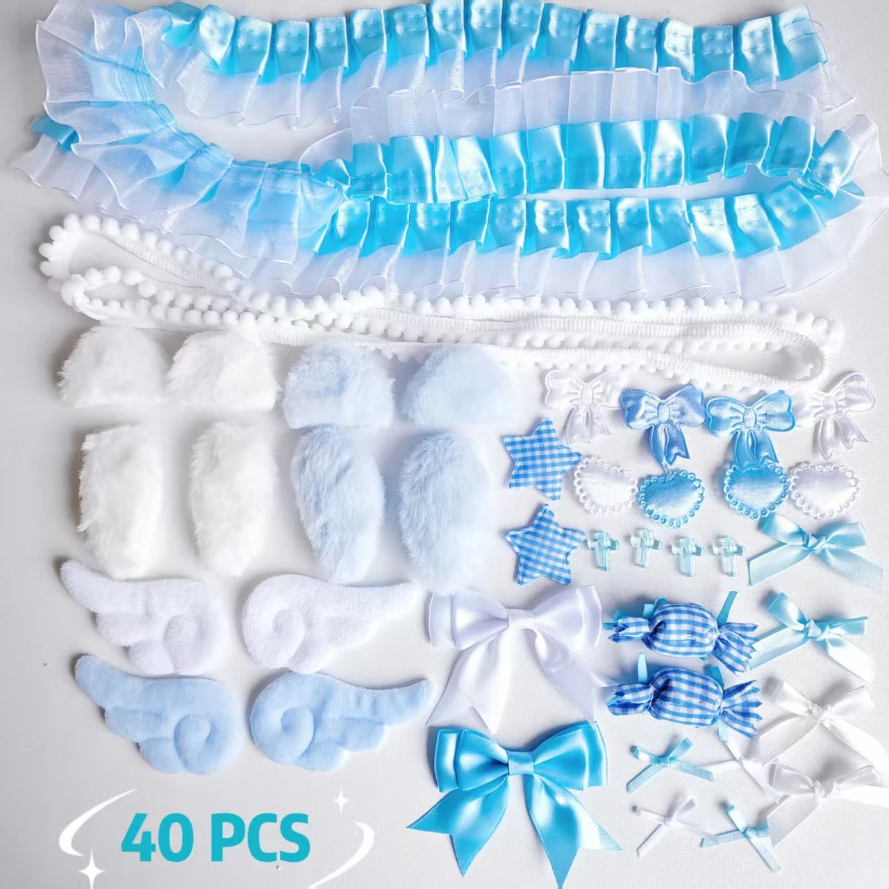 40 Pieces of Lace Handmade Material Kit, Lace Plush Bunny Ears, Angel Wings Accessories, Clothing Accessories, Heart and Star Set