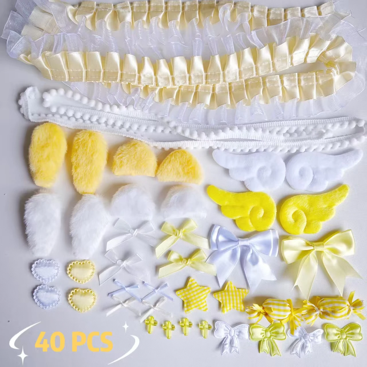 40 Pieces of Lace Handmade Material Kit, Lace Plush Bunny Ears, Angel Wings Accessories, Clothing Accessories, Heart and Star Set