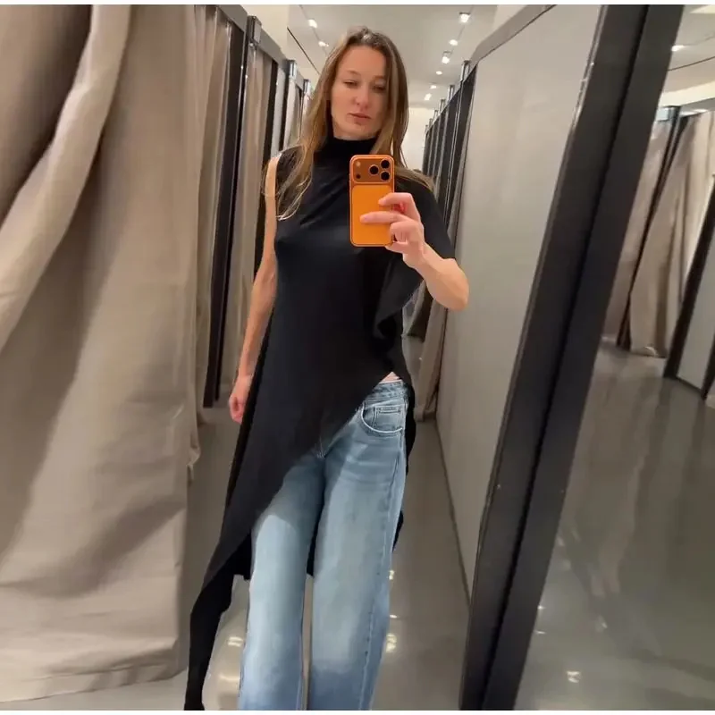 Women's Top 2026 Spring New Style Black Short-Sleeve High-Neck Asymmetrical Pleated Decorative Top Elegant and Stylish Personal