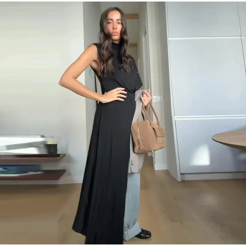 Women's Top 2026 Spring New Style Black Short-Sleeve High-Neck Asymmetrical Pleated Decorative Top Elegant and Stylish Personal