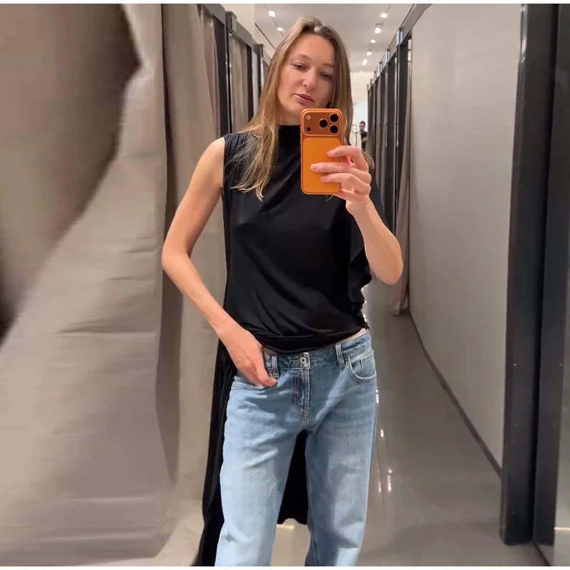Women's Top 2026 Spring New Style Black Short-Sleeve High-Neck Asymmetrical Pleated Decorative Top Elegant and Stylish Personal