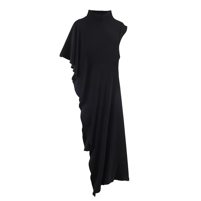 Women's Top 2026 Spring New Style Black Short-Sleeve High-Neck Asymmetrical Pleated Decorative Top Elegant and Stylish Personal