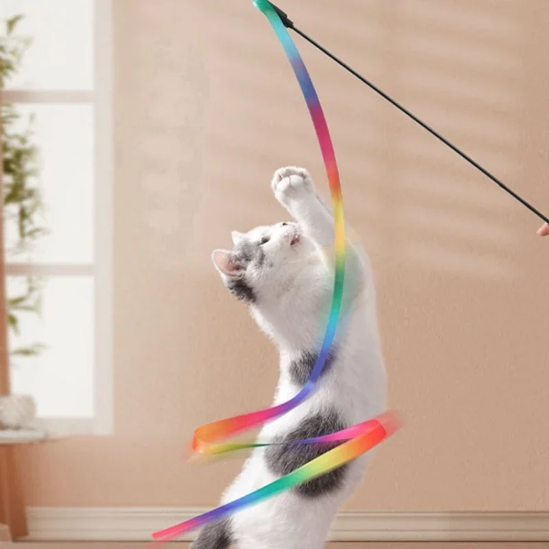 Interactive Coloured Ribbon Cat Toys Teasing Catd Stick Satin Ribbon Cat Stick Toys Kitten Playing Teaser Wand Toy Pet Supplies