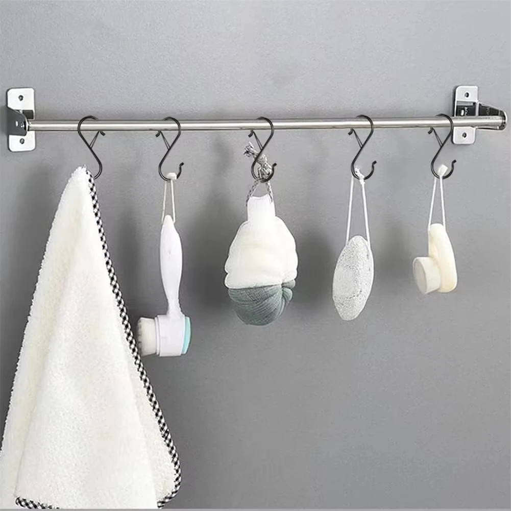 Black S-hook, heavy-duty metal hook with safety buckle design, used for hanging kitchen utensils, frying pans, clothes, towels