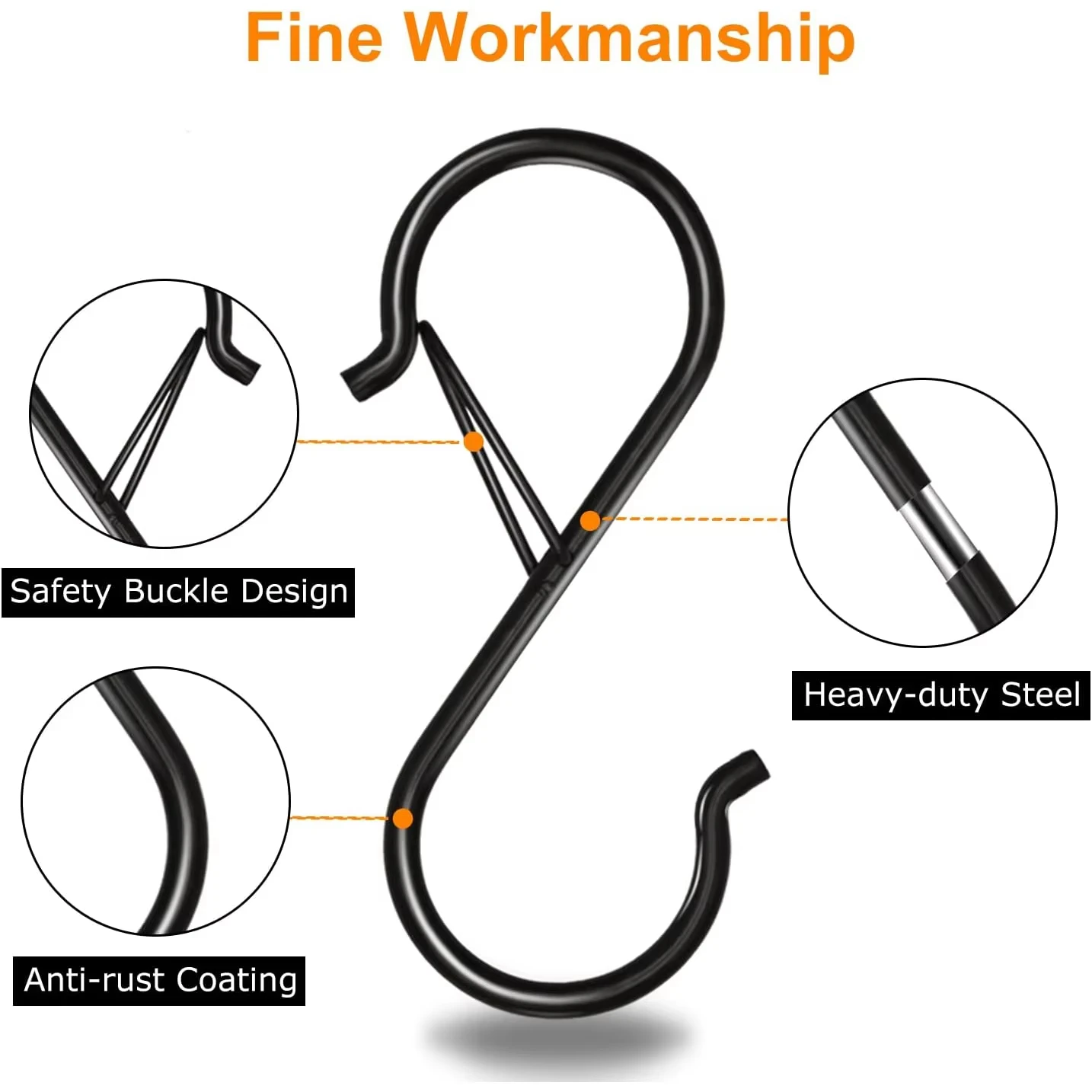 Black S-hook, heavy-duty metal hook with safety buckle design, used for hanging kitchen utensils, frying pans, clothes, towels