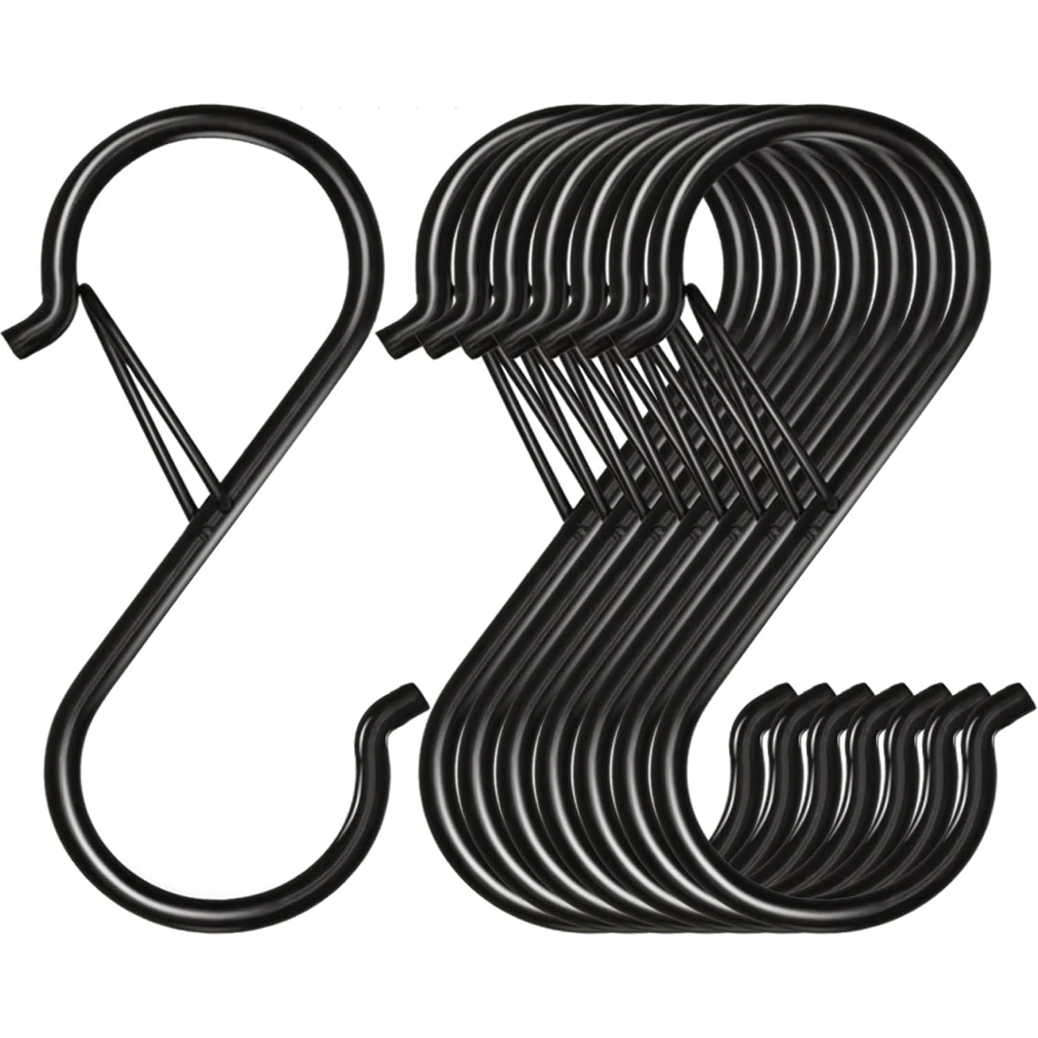Black S-hook, heavy-duty metal hook with safety buckle design, used for hanging kitchen utensils, frying pans, clothes, towels