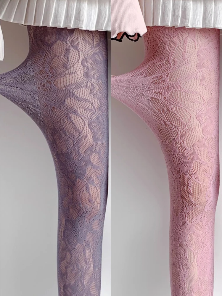 Sexy Floral Fishnets Long Socks Sheer Jacquard Lace Thin Pantyhose Japanese Style Sweet Purple/Pink Lolita JK Fishnet Stockings