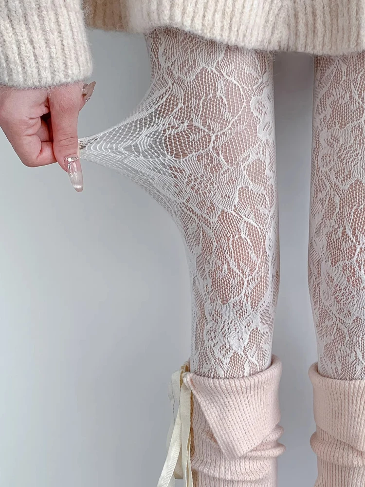 Sexy Floral Fishnets Long Socks Sheer Jacquard Lace Thin Pantyhose Japanese Style Sweet Purple/Pink Lolita JK Fishnet Stockings