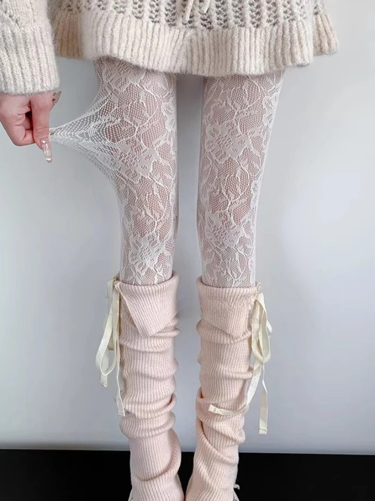 Sexy Floral Fishnets Long Socks Sheer Jacquard Lace Thin Pantyhose Japanese Style Sweet Purple/Pink Lolita JK Fishnet Stockings