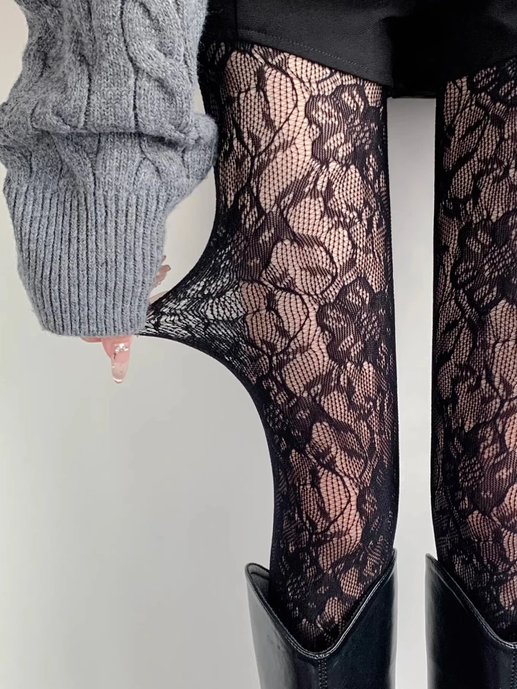 Sexy Floral Fishnets Long Socks Sheer Jacquard Lace Thin Pantyhose Japanese Style Sweet Purple/Pink Lolita JK Fishnet Stockings