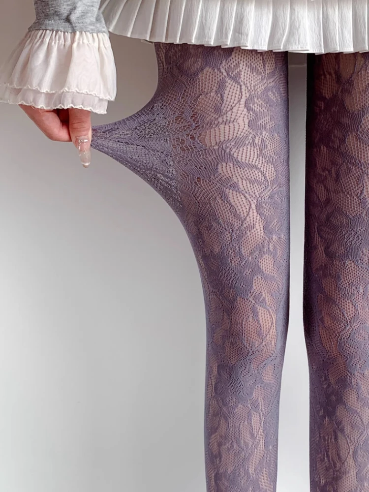 Sexy Floral Fishnets Long Socks Sheer Jacquard Lace Thin Pantyhose Japanese Style Sweet Purple/Pink Lolita JK Fishnet Stockings