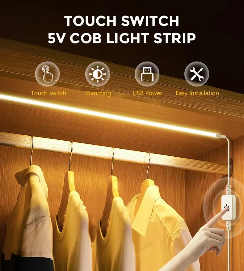 5V USB COB LED Strip Light Touch Dimmer Flexible Light Tape Waterproof 320LEDs/m for Room Cabinet Mirror DIY Ambient Backlight