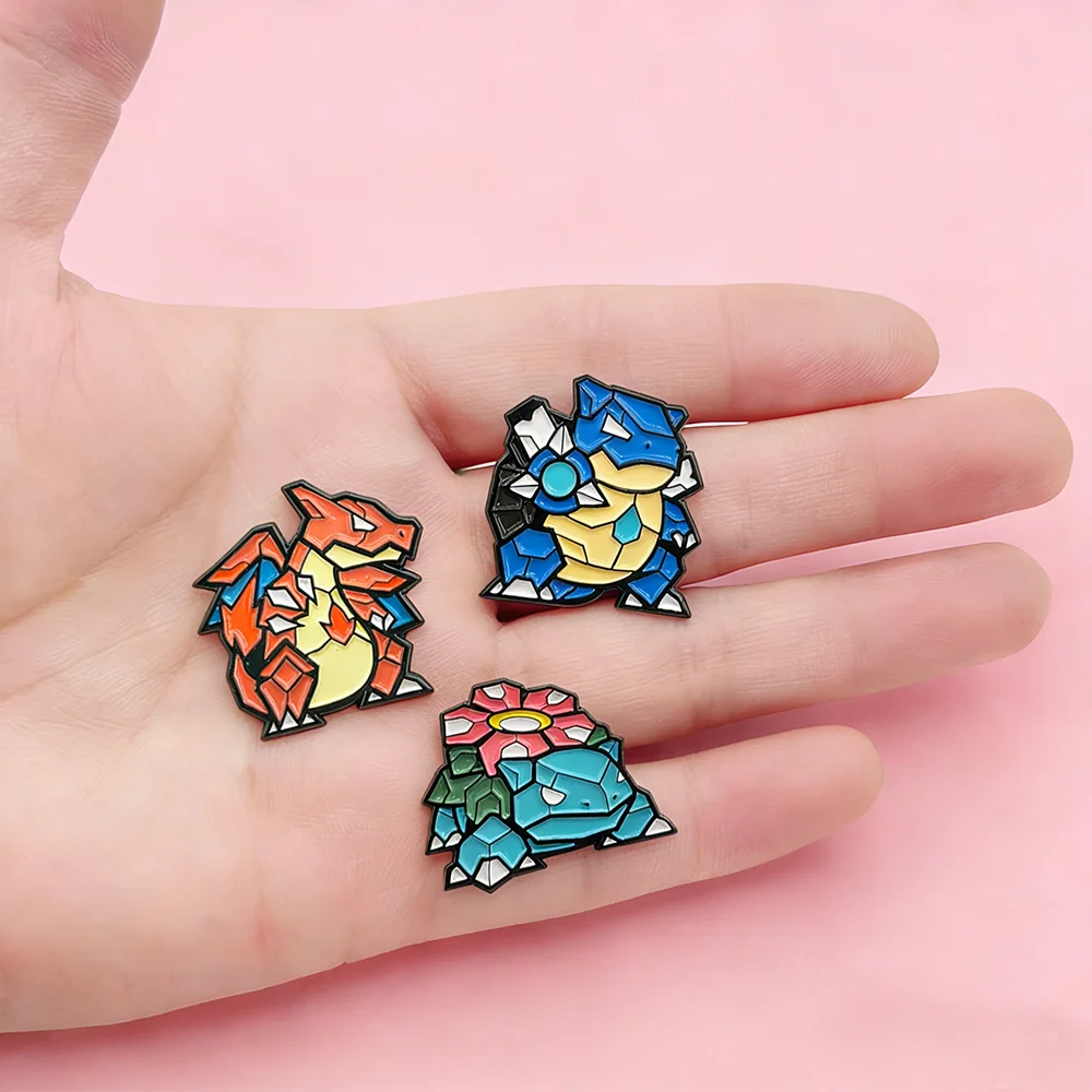 3Pcs Charizard Enamel Pin Set - Mosaic Style Blastoise Venusaur Brooches, Anime Lapel Badges for Collectors