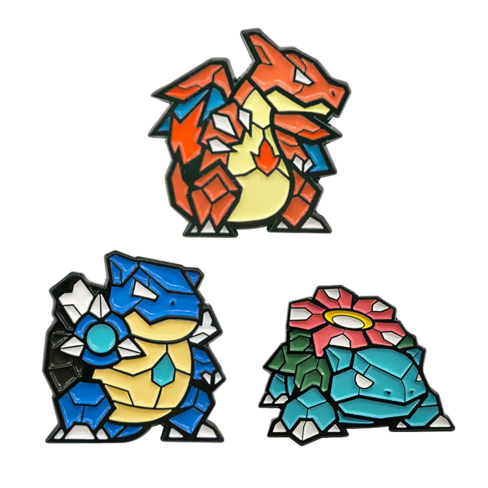 3Pcs Charizard Enamel Pin Set - Mosaic Style Blastoise Venusaur Brooches, Anime Lapel Badges for Collectors