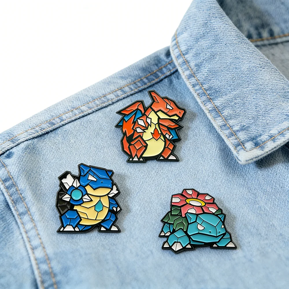 3Pcs Charizard Enamel Pin Set - Mosaic Style Blastoise Venusaur Brooches, Anime Lapel Badges for Collectors