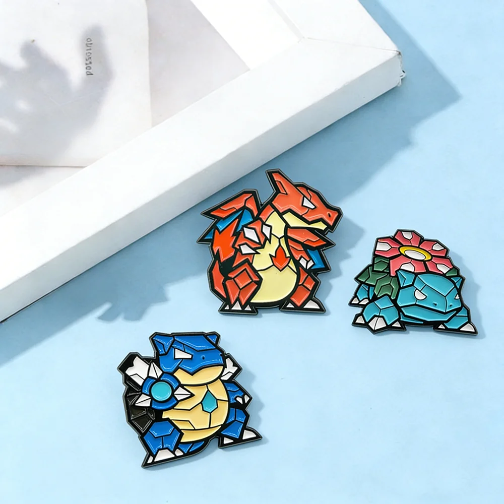 3Pcs Charizard Enamel Pin Set - Mosaic Style Blastoise Venusaur Brooches, Anime Lapel Badges for Collectors