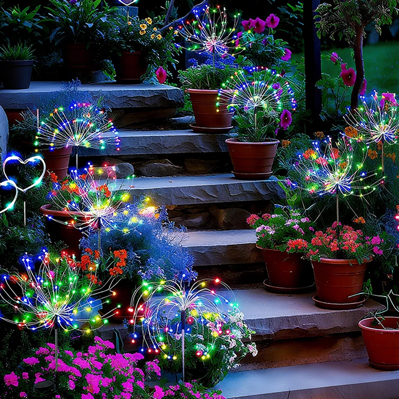Outdoor LED Solar Firework Lights Waterproof Garden Stake Fairy Lights for Pathway Yard Balcony Lawn Patio