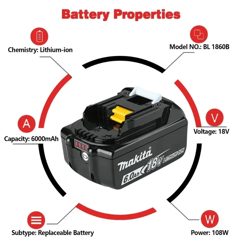 100% Original Makita 18V Tool Battery, 6.0Ah Stable Power Output,for Makita 18V LXT Series Power Tool Replace The Battery