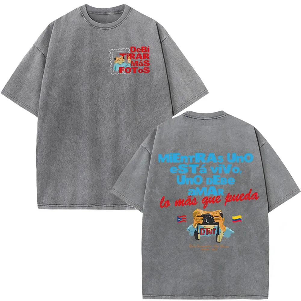 Rapper Bad Bunny Vintage Washed T Shirts Debi Tirar Mas Fotos DTMF T-shirts Men's Clothing Fashion High Quality T-shirt Couples
