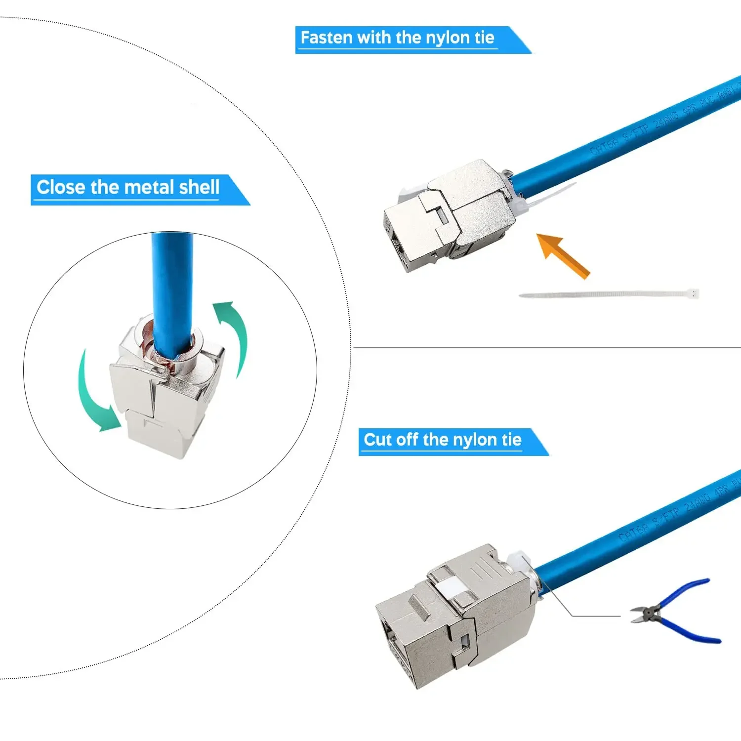 Cat6a Cat7 Keystone Jack Cat7 RJ45 STP Tool-Less Type Zinc Alloy Module Jacks Adapter Coupler for 22 to 26 AWG