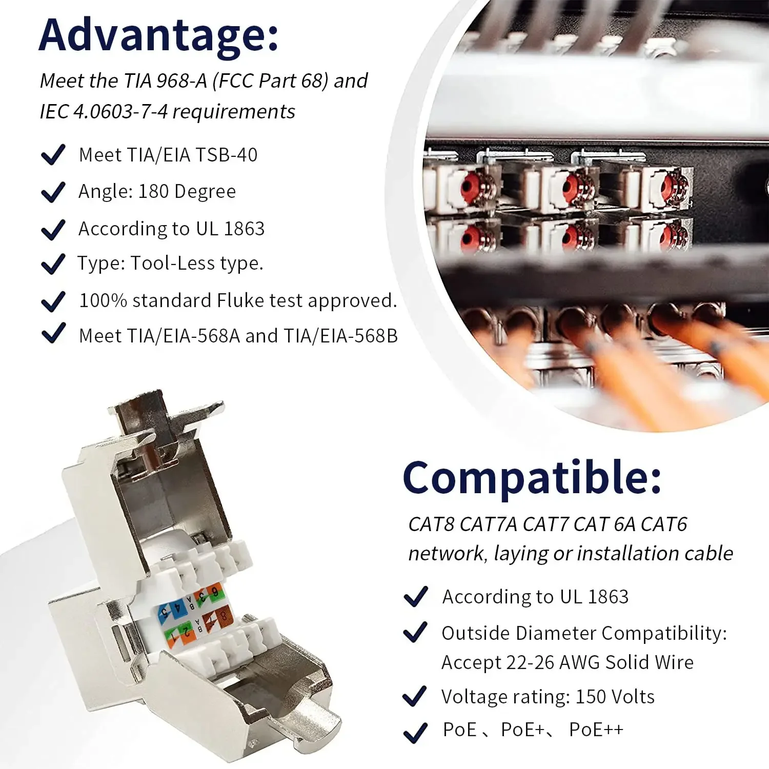Cat6a Cat7 Keystone Jack Cat7 RJ45 STP Tool-Less Type Zinc Alloy Module Jacks Adapter Coupler for 22 to 26 AWG