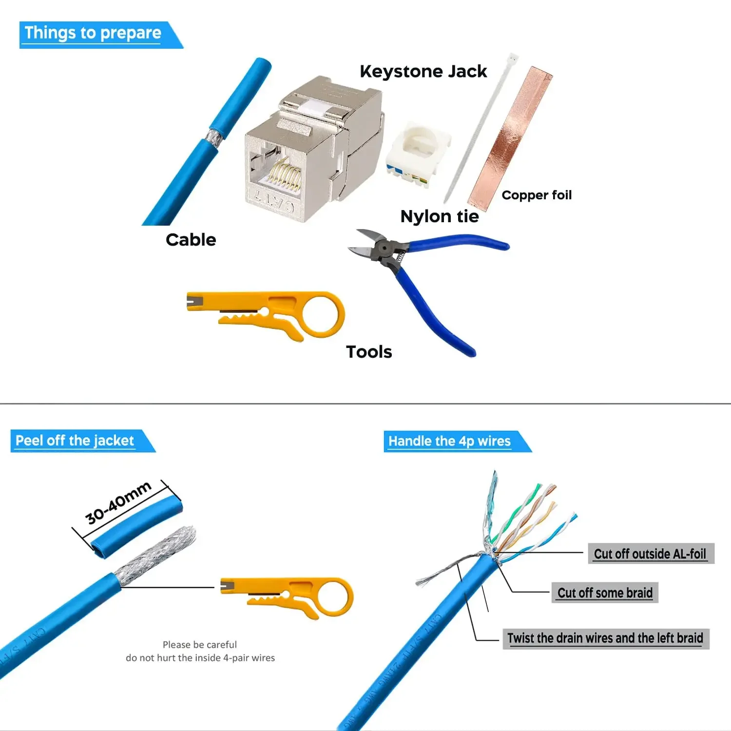 Cat6a Cat7 Keystone Jack Cat7 RJ45 STP Tool-Less Type Zinc Alloy Module Jacks Adapter Coupler for 22 to 26 AWG