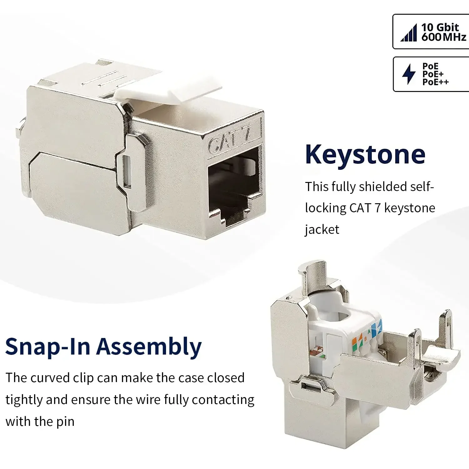 Cat6a Cat7 Keystone Jack Cat7 RJ45 STP Tool-Less Type Zinc Alloy Module Jacks Adapter Coupler for 22 to 26 AWG