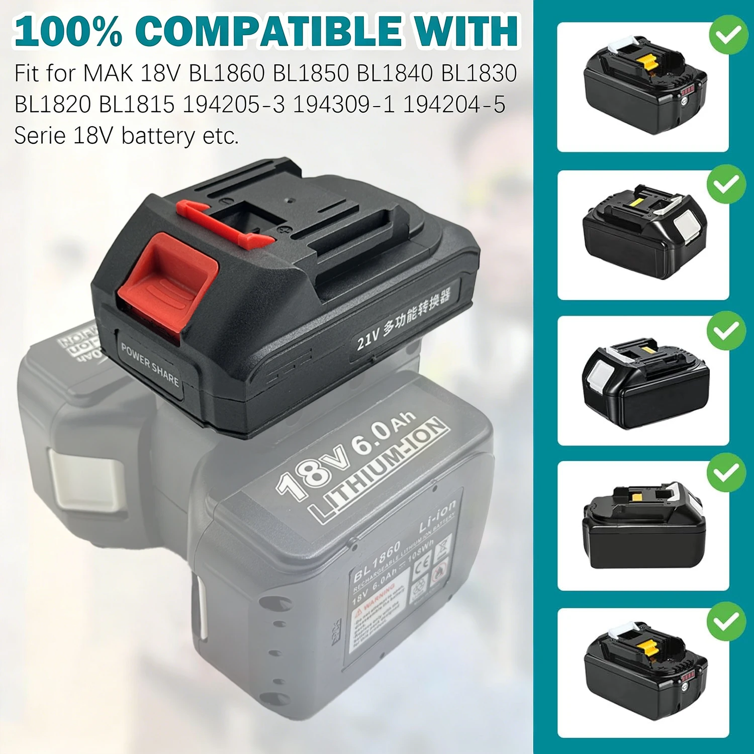 2 in 1 Battery Adapter for Makita 18V Batteries Work for Makita Impact Drill Wrench Screwdrivers(No battery,No Tools)