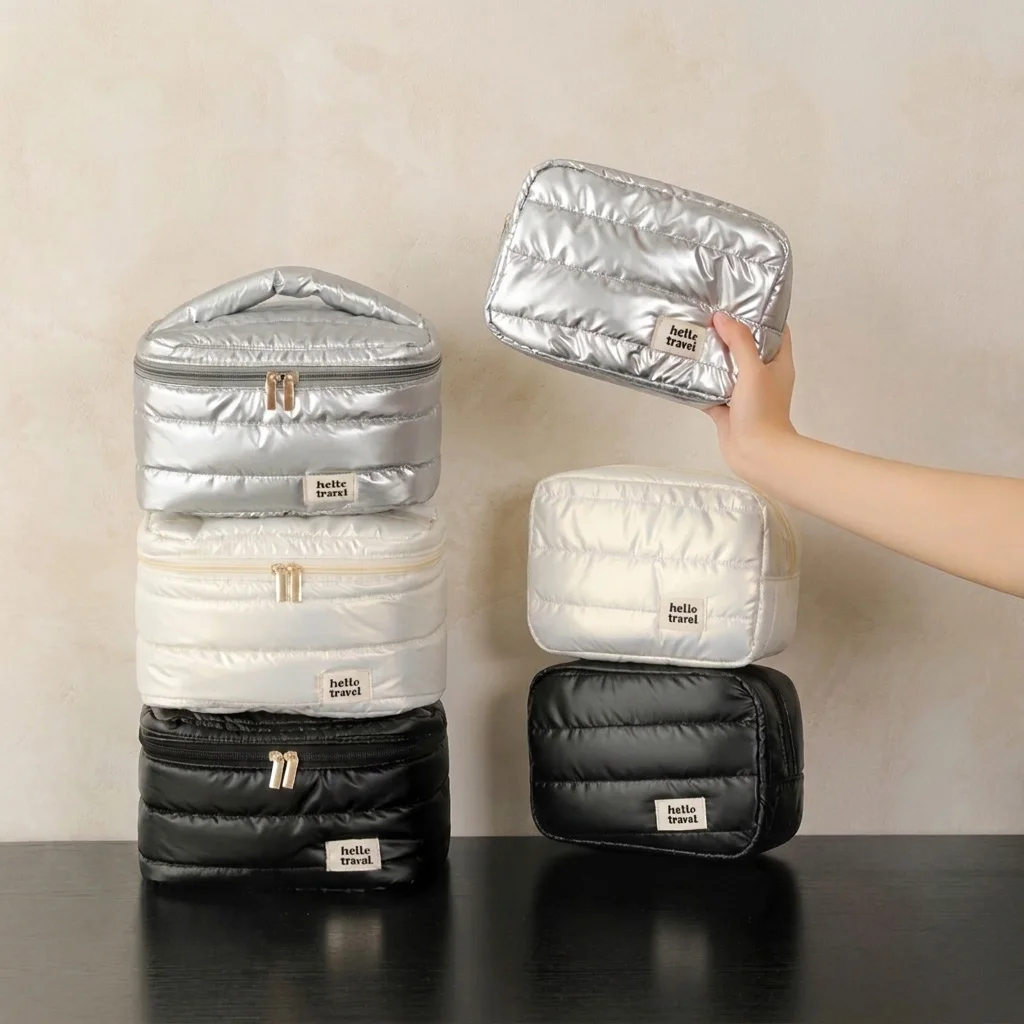 Puffer Makeup Bag Travel Organizer, Lightweight Cosmetic Storage Bag with Zipper, Portable Toiletry Bag for Women
