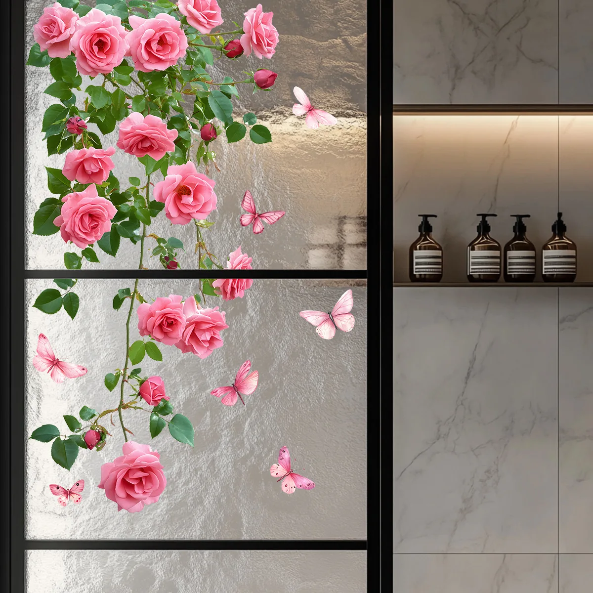 Flower Vine Window Decal, Pink Rose and Butterfly Design, Bathroom Living Room Bedroom Wall Sticker, Glass Door Wall Decorat