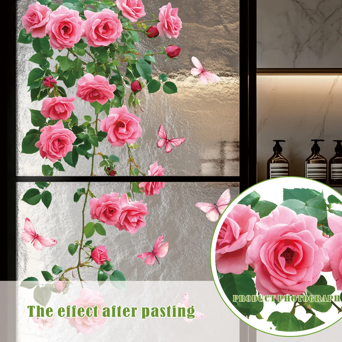 Flower Vine Window Decal, Pink Rose and Butterfly Design, Bathroom Living Room Bedroom Wall Sticker, Glass Door Wall Decorat