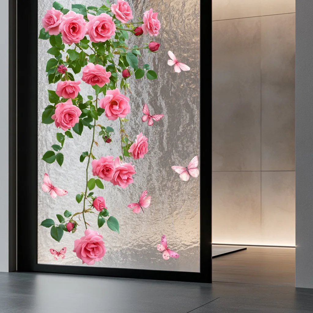 Flower Vine Window Decal, Pink Rose and Butterfly Design, Bathroom Living Room Bedroom Wall Sticker, Glass Door Wall Decorat