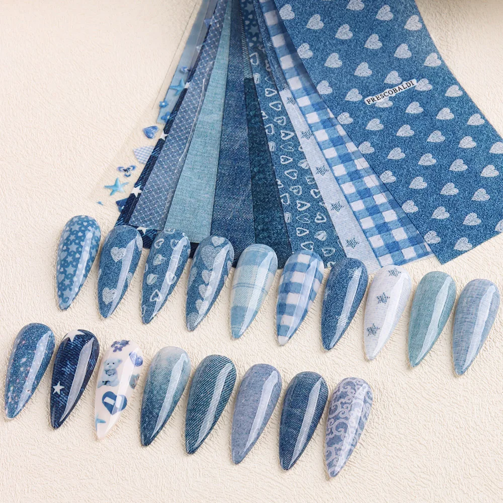 Ins Patchwork Style Denim Nail Art Transfer Paper, Cute Heart Star Blue Denim Texture Nail Design - Y2K Cool Girl Nail Art Decor