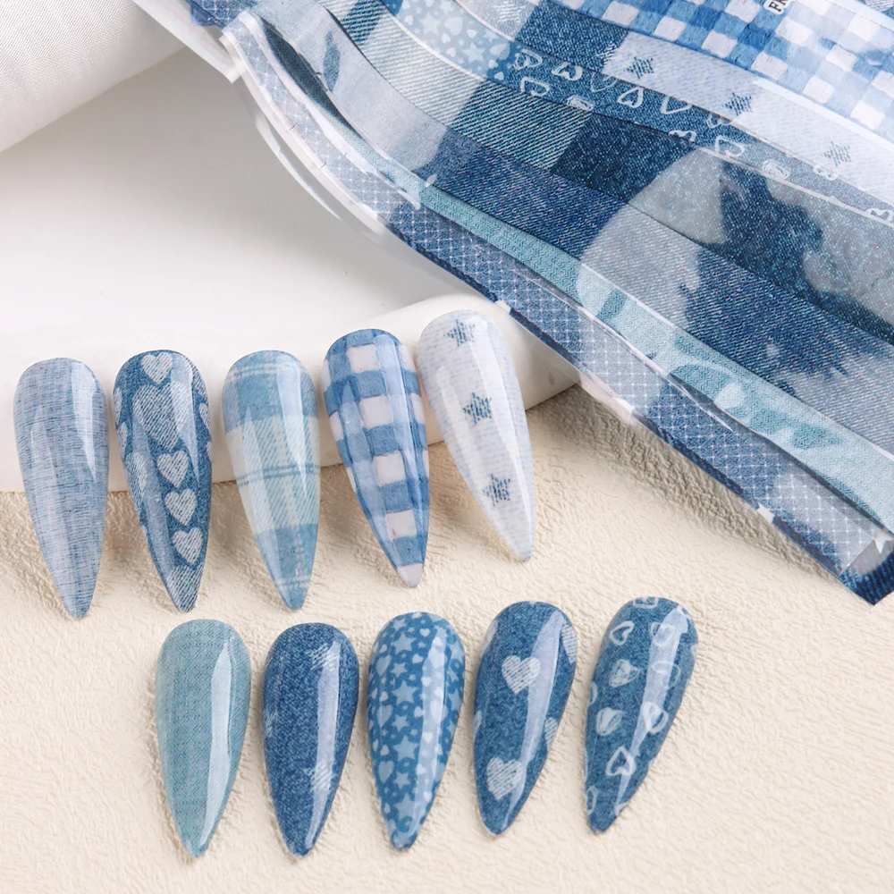 Ins Patchwork Style Denim Nail Art Transfer Paper, Cute Heart Star Blue Denim Texture Nail Design - Y2K Cool Girl Nail Art Decor