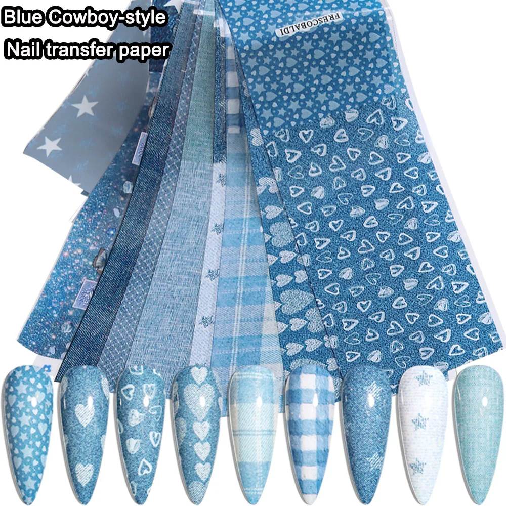 Ins Patchwork Style Denim Nail Art Transfer Paper, Cute Heart Star Blue Denim Texture Nail Design - Y2K Cool Girl Nail Art Decor