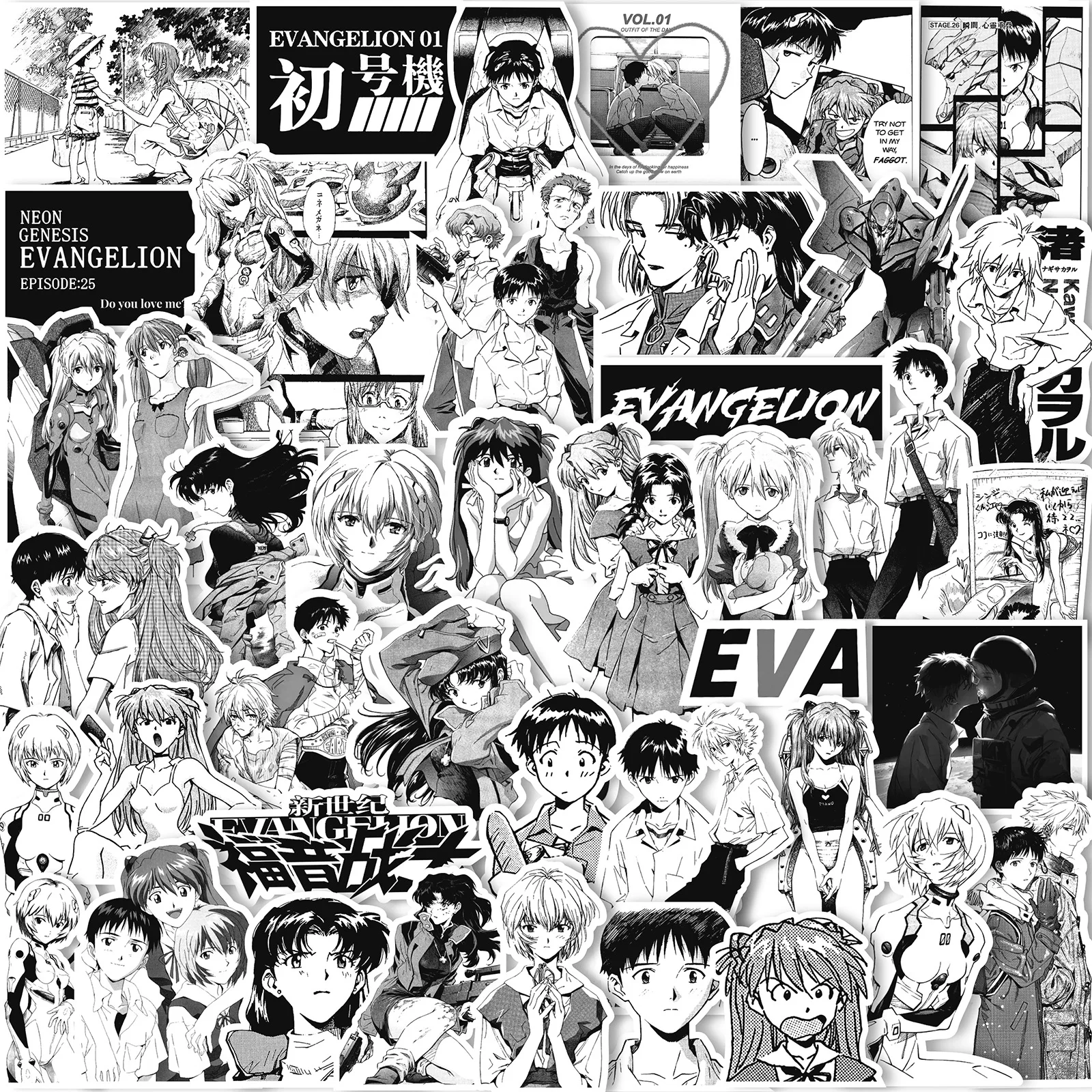 70/75PCS Black and White Sketch Neon Genesis Evangelion Stickers Classic Anime Decals for Notebook Skateboard Bike Sticker