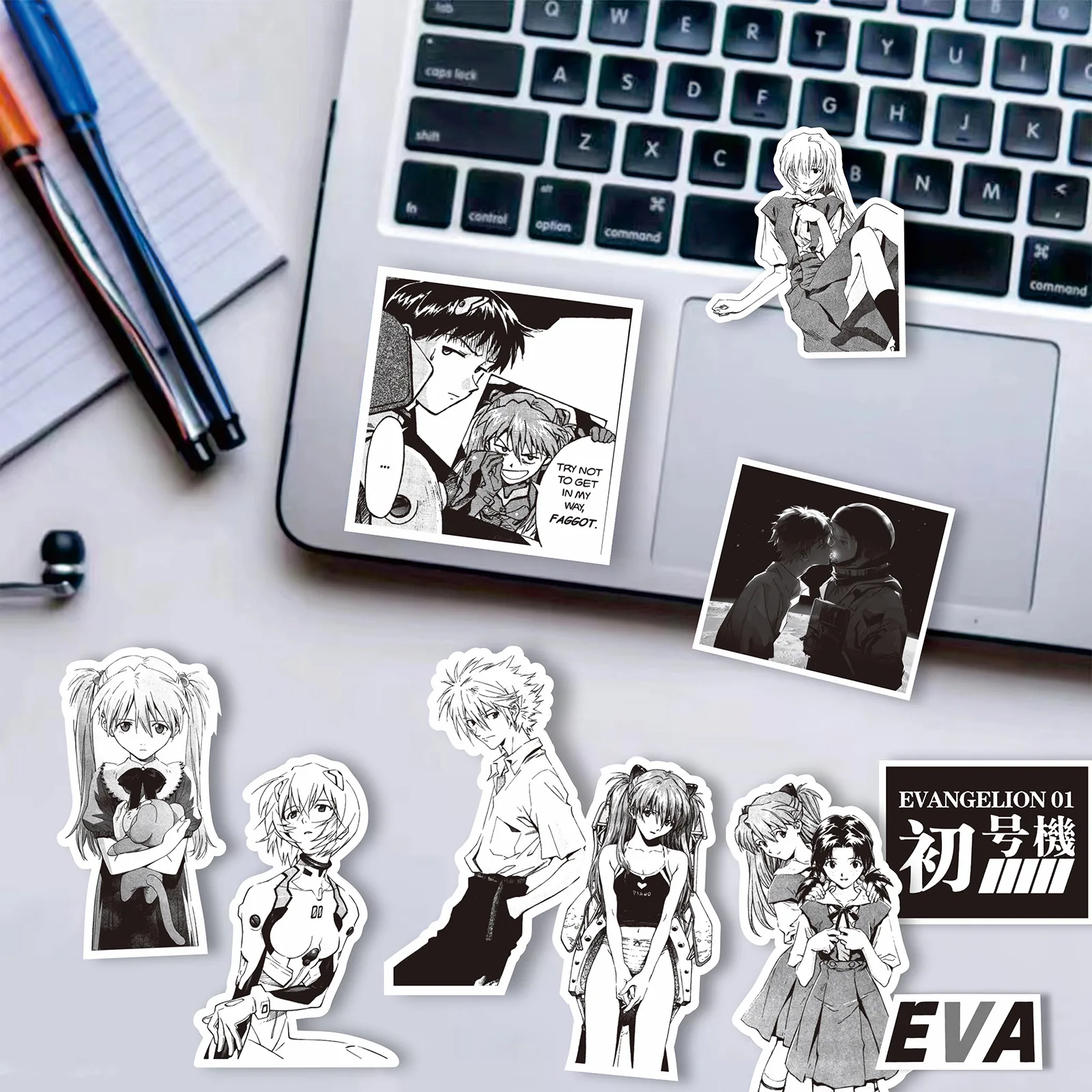 70/75PCS Black and White Sketch Neon Genesis Evangelion Stickers Classic Anime Decals for Notebook Skateboard Bike Sticker