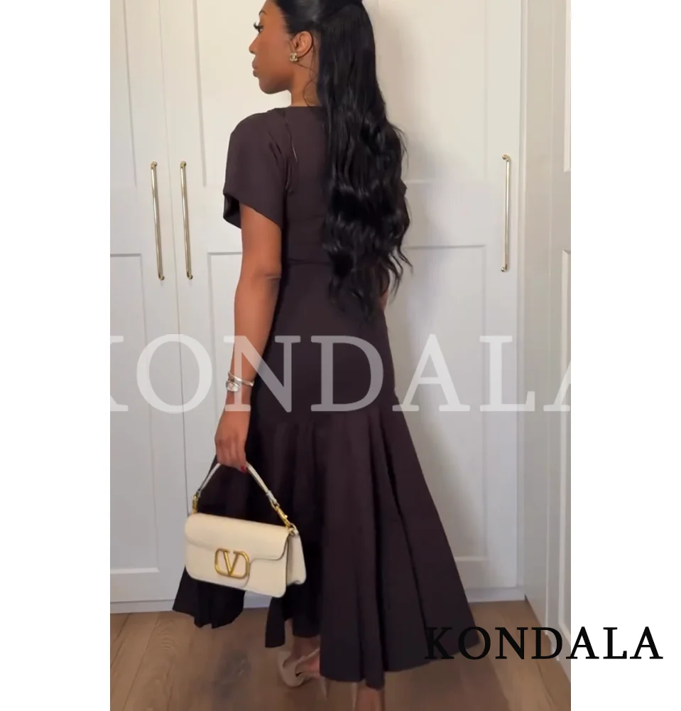 KONDALA Vintage Boat Collar Long Dress Women's Elegant Casual Splicing Pleated Dress New 2026 Spring Summer Fashion Slim Dress