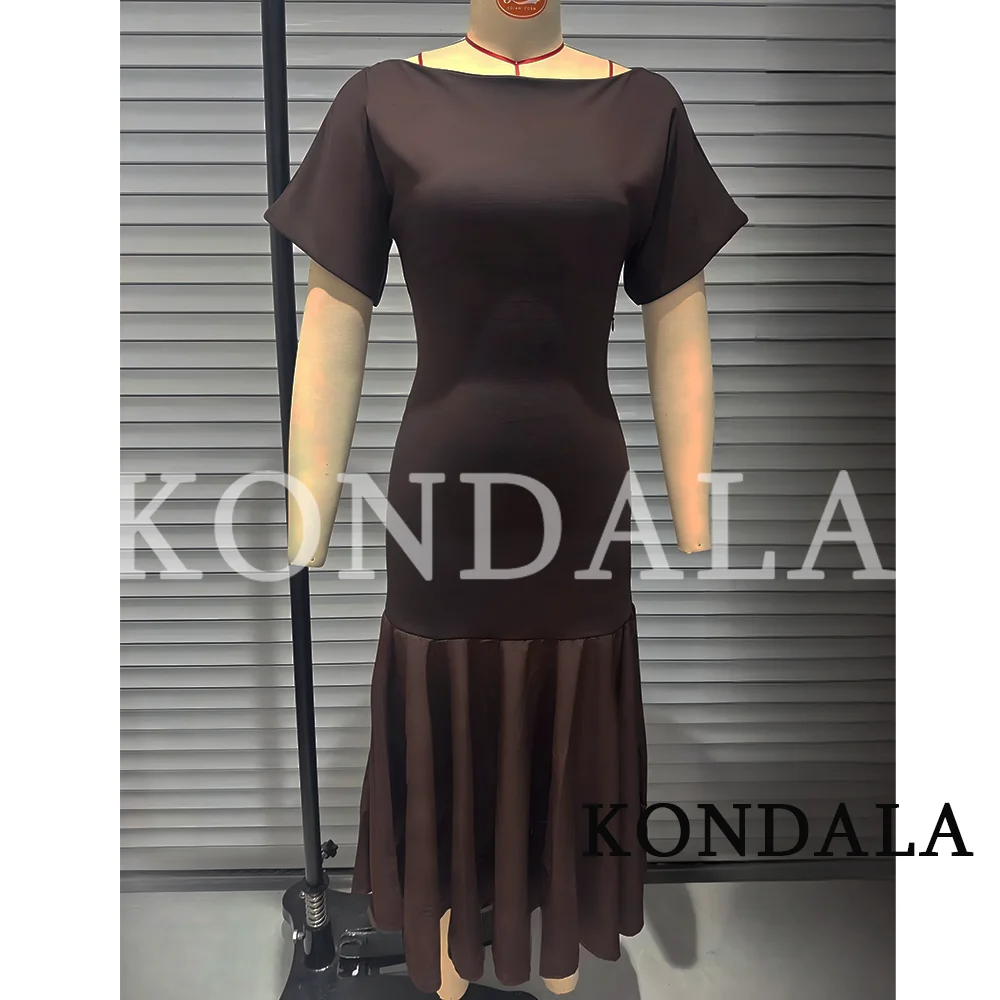 KONDALA Vintage Boat Collar Long Dress Women's Elegant Casual Splicing Pleated Dress New 2026 Spring Summer Fashion Slim Dress