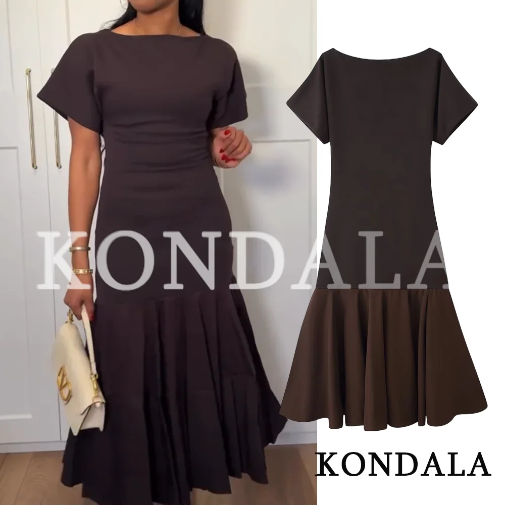 KONDALA Vintage Boat Collar Long Dress Women's Elegant Casual Splicing Pleated Dress New 2026 Spring Summer Fashion Slim Dress