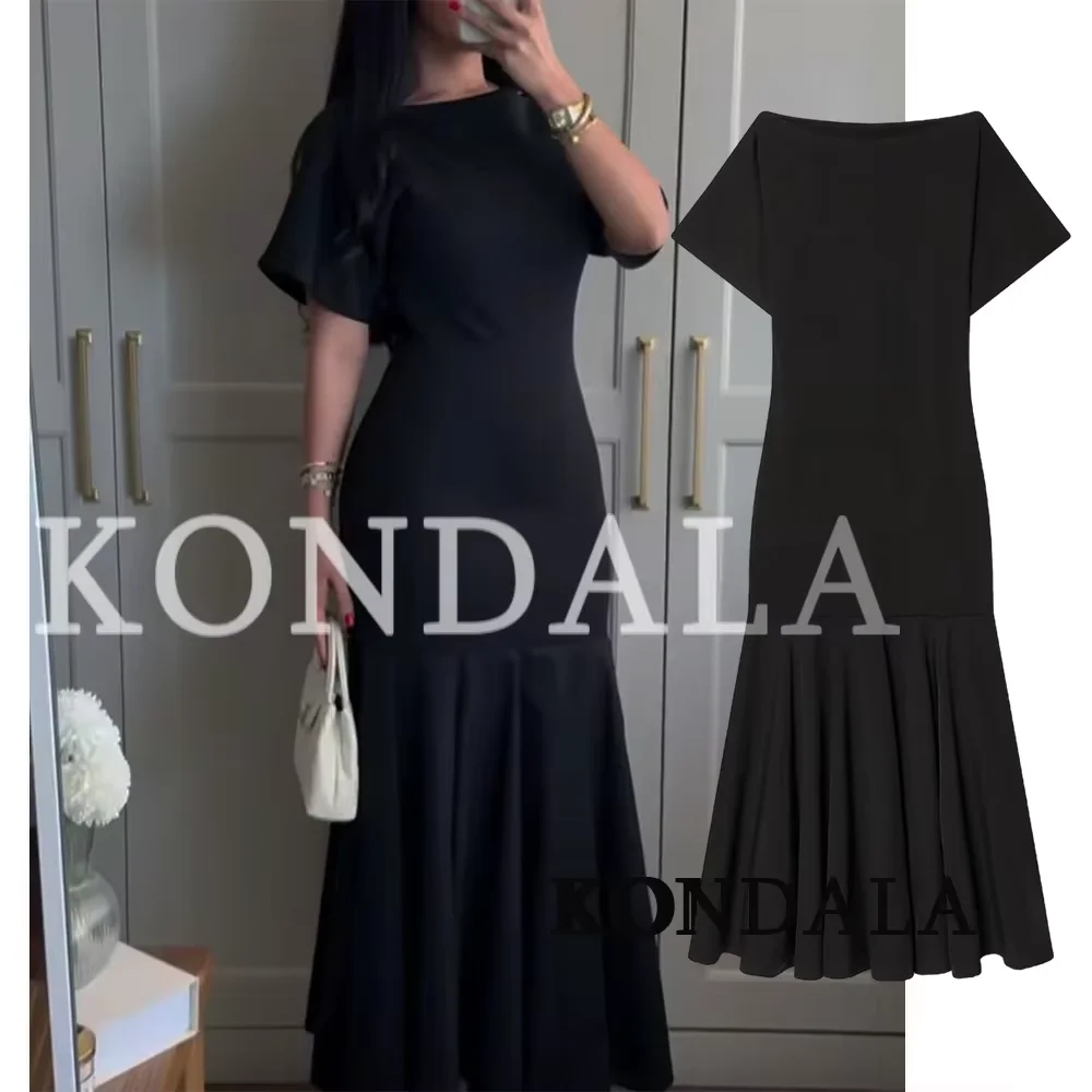 KONDALA Vintage Boat Collar Long Dress Women's Elegant Casual Splicing Pleated Dress New 2026 Spring Summer Fashion Slim Dress