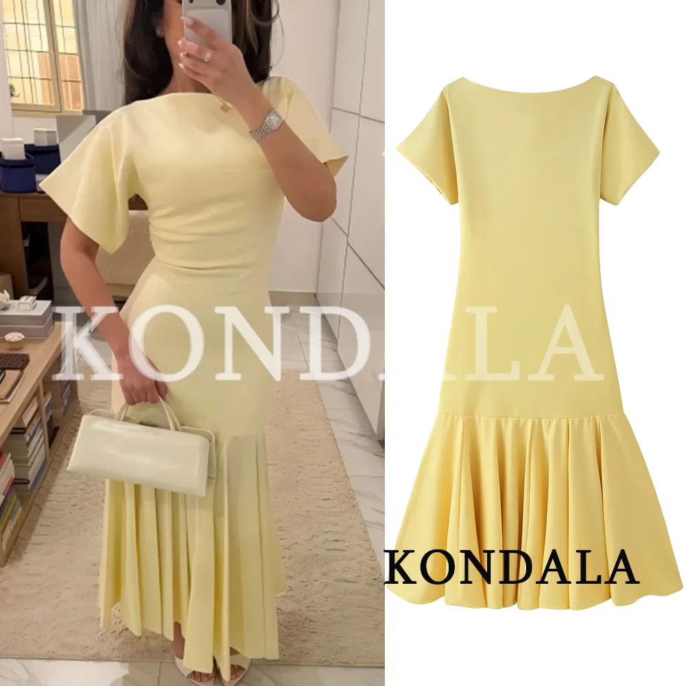 KONDALA Vintage Boat Collar Long Dress Women's Elegant Casual Splicing Pleated Dress New 2026 Spring Summer Fashion Slim Dress