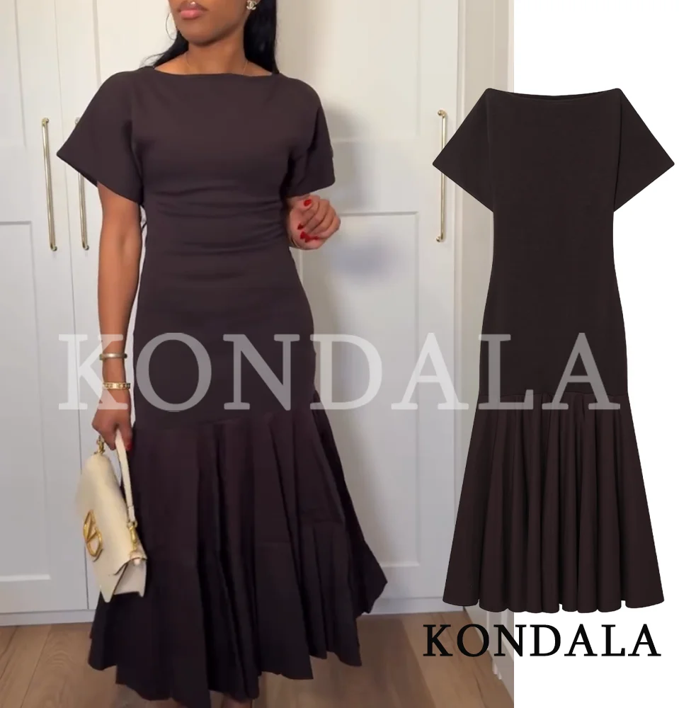 KONDALA Vintage Boat Collar Long Dress Women's Elegant Casual Splicing Pleated Dress New 2026 Spring Summer Fashion Slim Dress