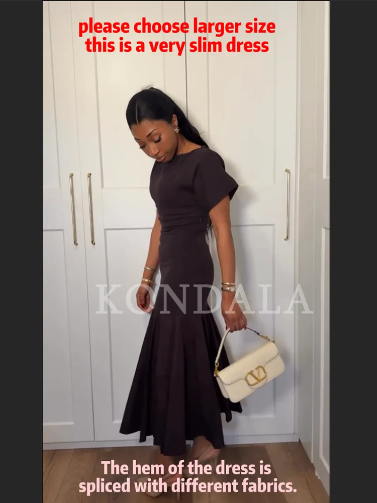 KONDALA Vintage Boat Collar Long Dress Women's Elegant Casual Splicing Pleated Dress New 2026 Spring Summer Fashion Slim Dress