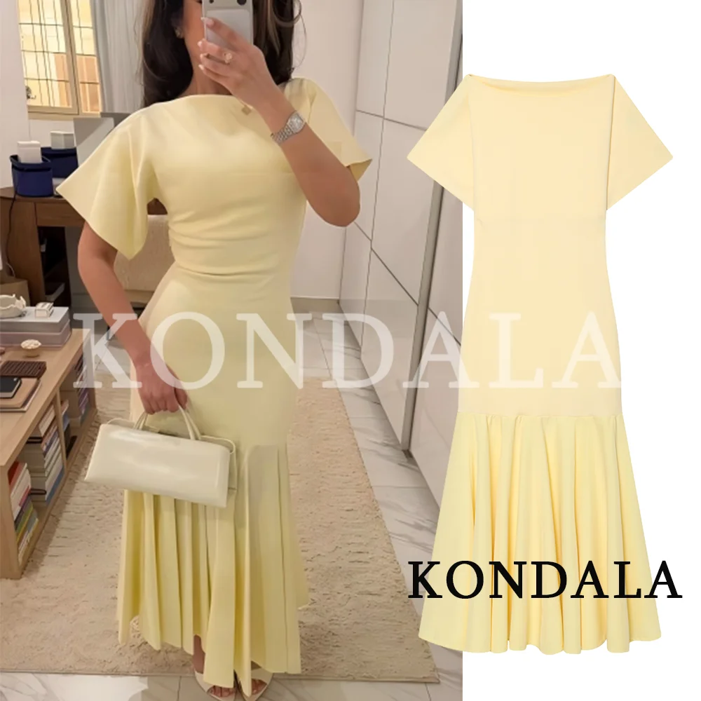 KONDALA Vintage Boat Collar Long Dress Women's Elegant Casual Splicing Pleated Dress New 2026 Spring Summer Fashion Slim Dress