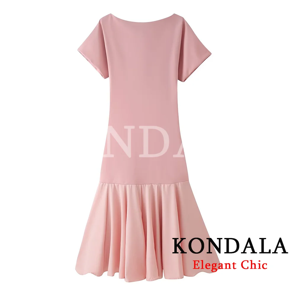 KONDALA Vintage Boat Collar Long Dress Women's Elegant Casual Splicing Pleated Dress New 2026 Spring Summer Fashion Slim Dress